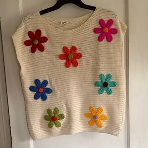 BiBi Cream Crochet Sweater with Multicolored Flower Appliqués